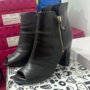 BAMBOO Black and Gold Ankle Booties with Peep-Toe